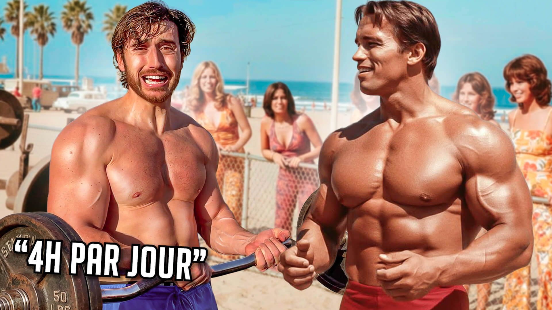 Homme en train de s'entraîner à Muscle Beach avec à sa droite Arnold Schwarzenegger